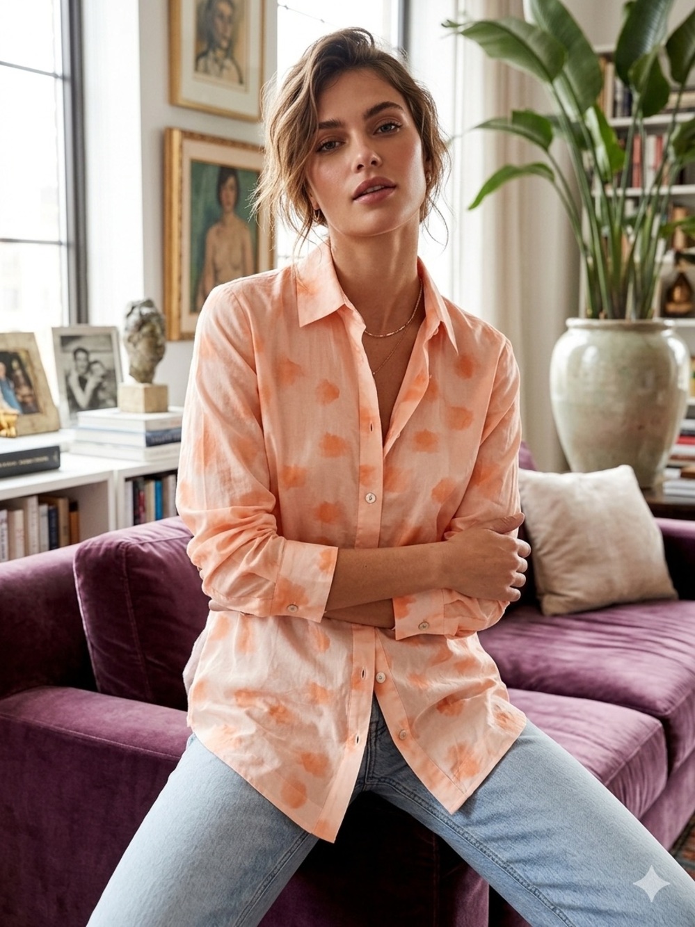 Finley Peach Tie-Dye Button Front Top
